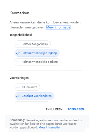 Kenmerken toevoegen via Google Mijn Bedrijf
